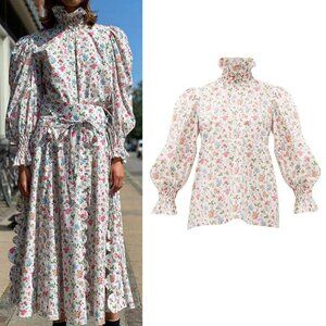 Horror Vacui Collia Smocked High Neck Blouse in White Floral XS
